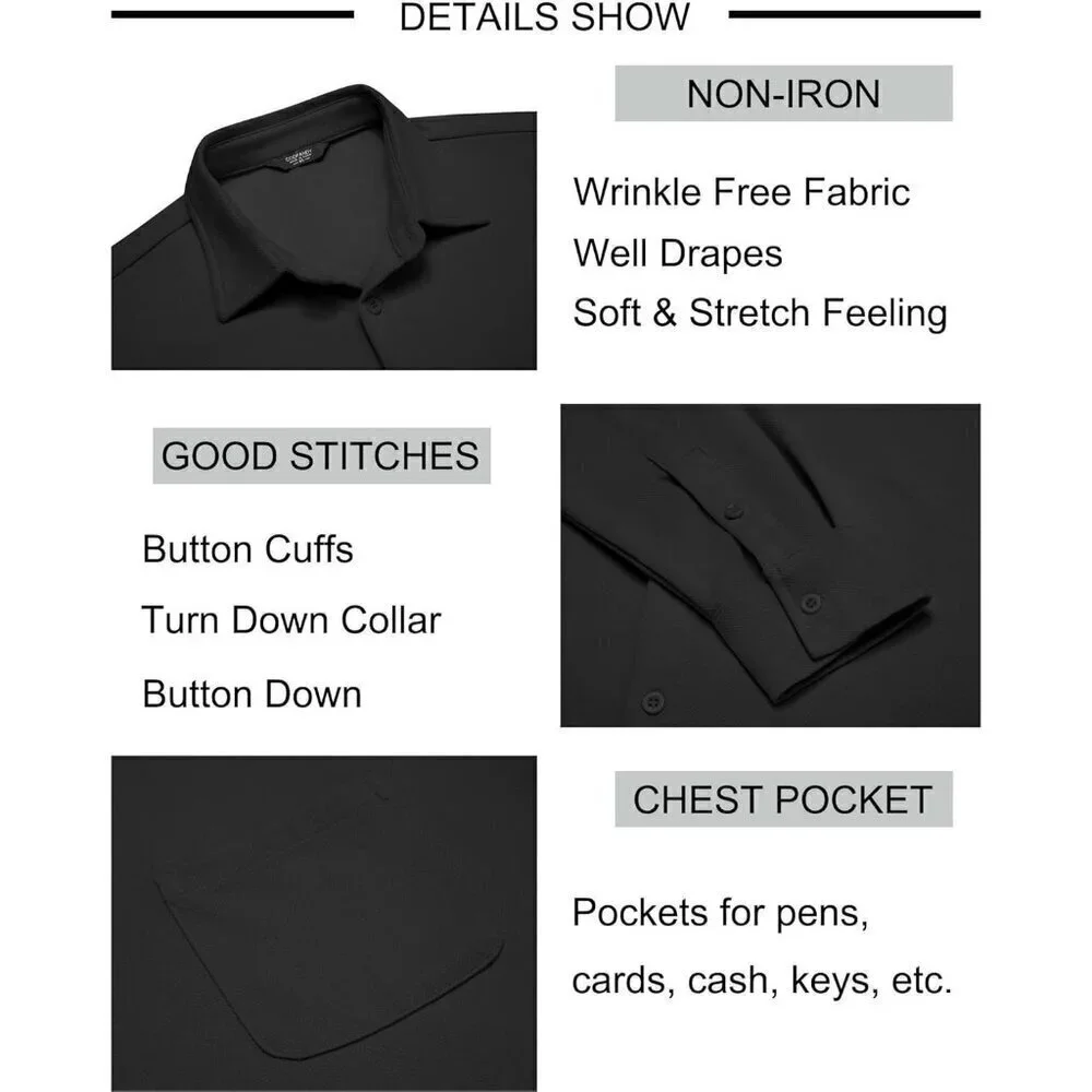 🆕Men's Black Long Sleeve Button Down Shirt Wrinkle Free Untucked Casual Shirts